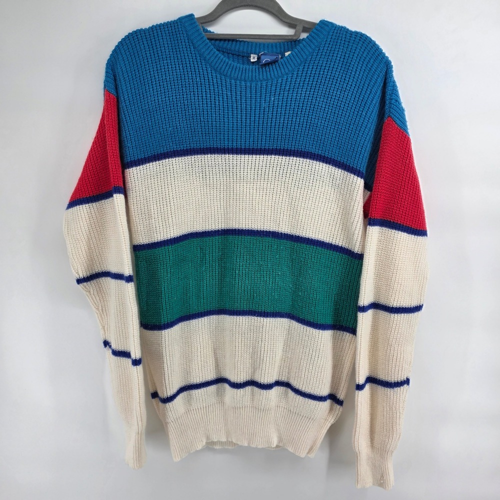 Vintage Ocean Pacific Med Striped‎ Crew Neck Long Sleeve Sweater Blue Red Green